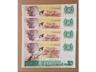 Singapore 2nd series of Currency, the Bird series, 4 running numbers, the $5 note, 1976 to 1984